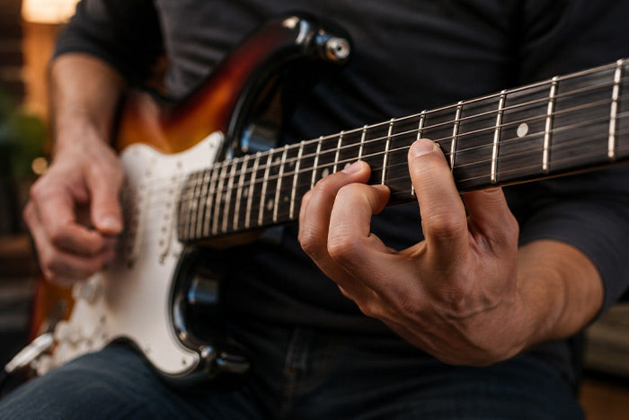 A guitarist practicing a solo on an electric guitar while reading tablature